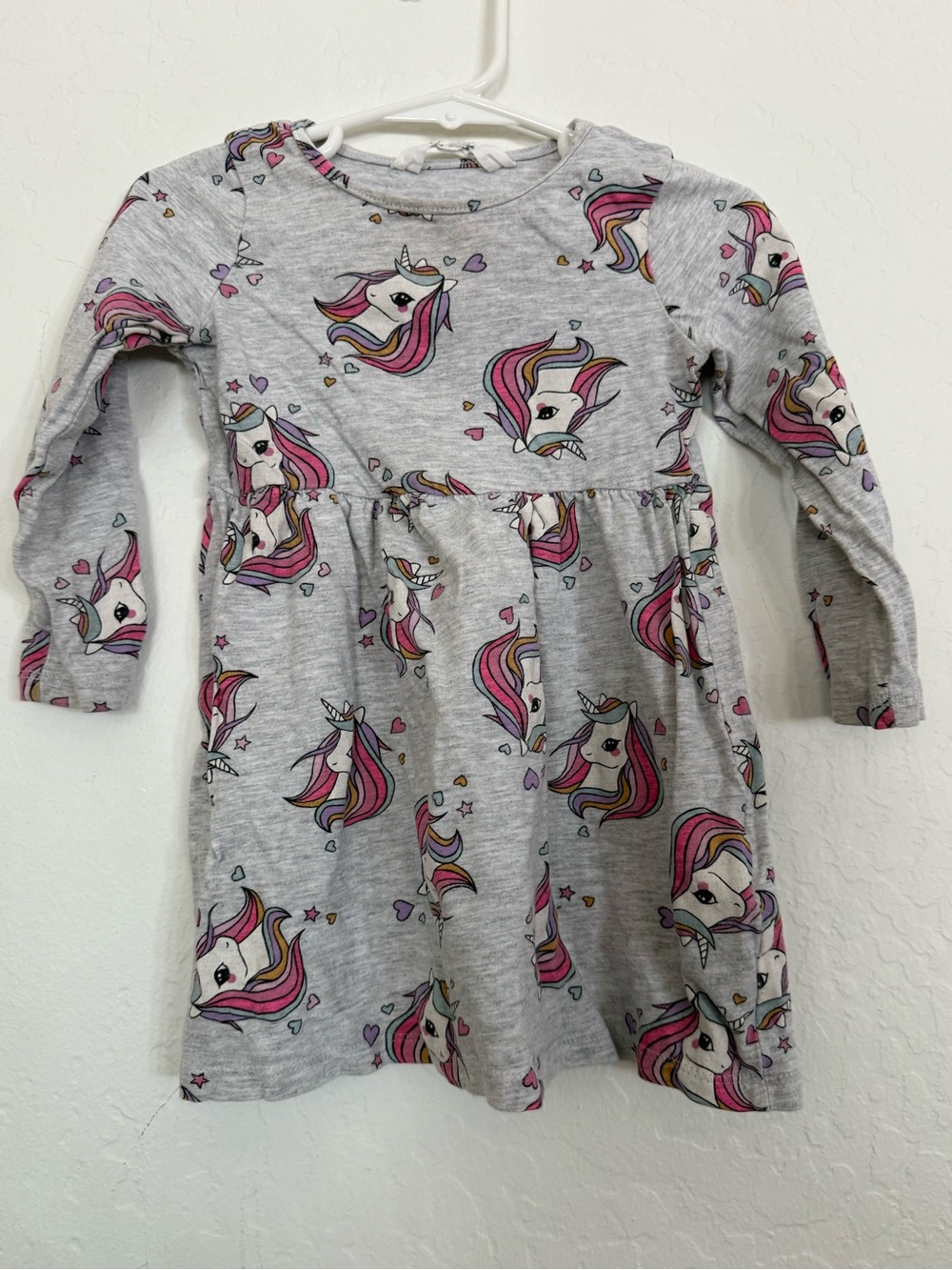 H&M Gray Long-Sleeve Unicorn Print Dress with Pink Accents